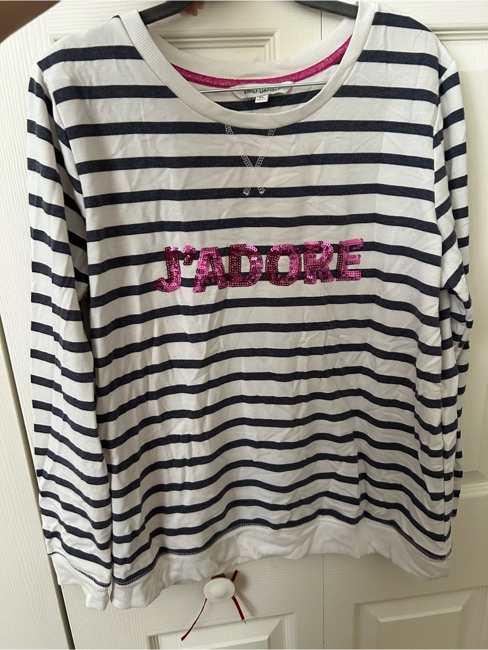J'ADORE Striped Sequin Sweatshirt - White & Navy with Pink Sequins